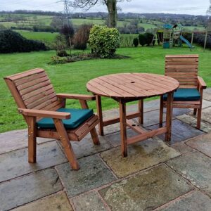 Vail Timber Brown Dining Table Round With 2 Chairs And Cushion