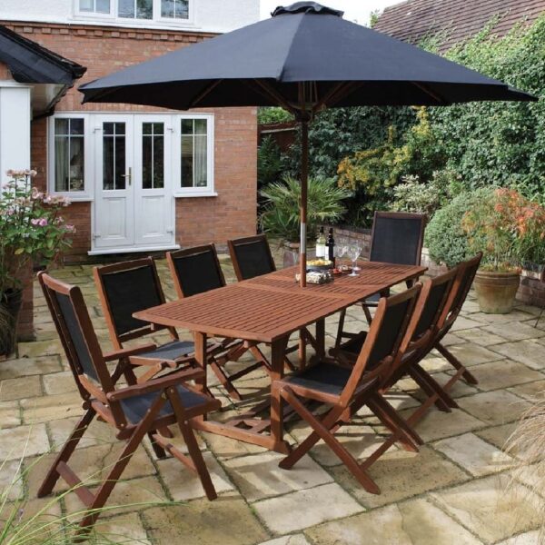 Boarhunt Wooden Garden Extending Dining Set With Parasol In Brown