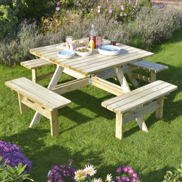 Zox Wooden Garden Square 8 Seater Picnic Table In Natural